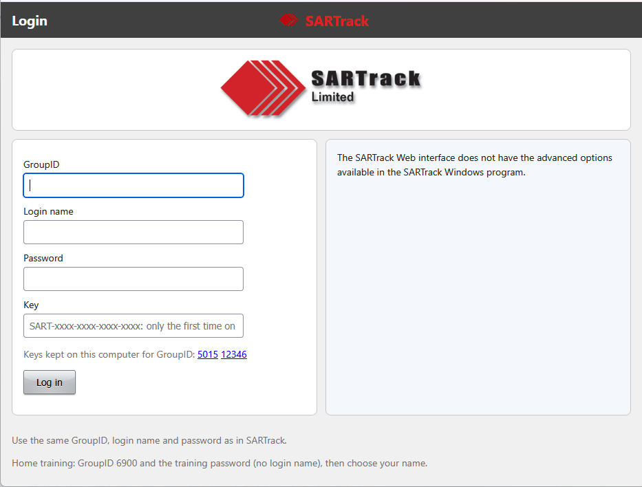 The SARTrack web site: log in from any PC
